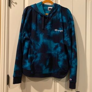 BLUE BLACK TIE DYE CHAMPION HOODIE XXL